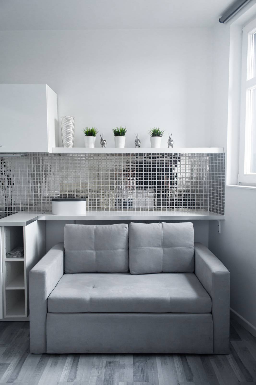 Minimalistic interior of a bright small apartment. Gray sofa.