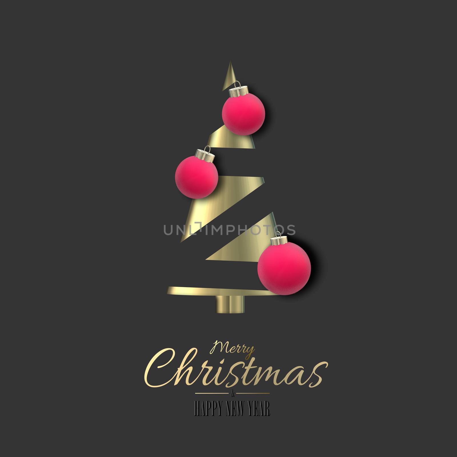 Abstract 3D Christmas card. Gold Xmas tree, pink Xmas balls baubles on black background. Text Merry Christmas Happy New Year. 3D illustration luxury card.