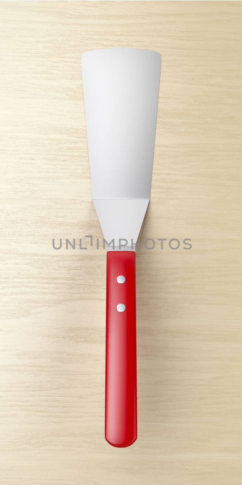 Red spatula on wooden table, top view