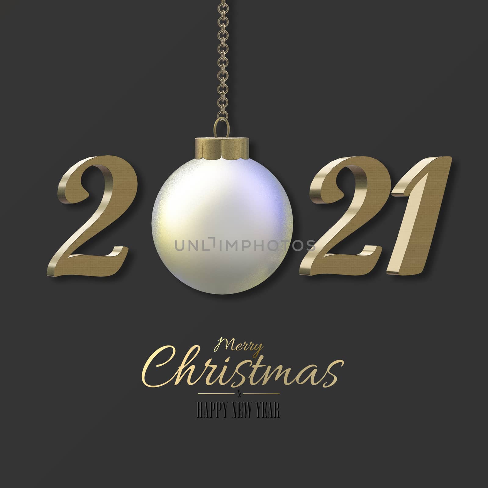 New Year holiday 2021 card. Gold 3D digit 2021 with 3D realistic ball bauble on black background. Text Merry Christmas Happy New Year