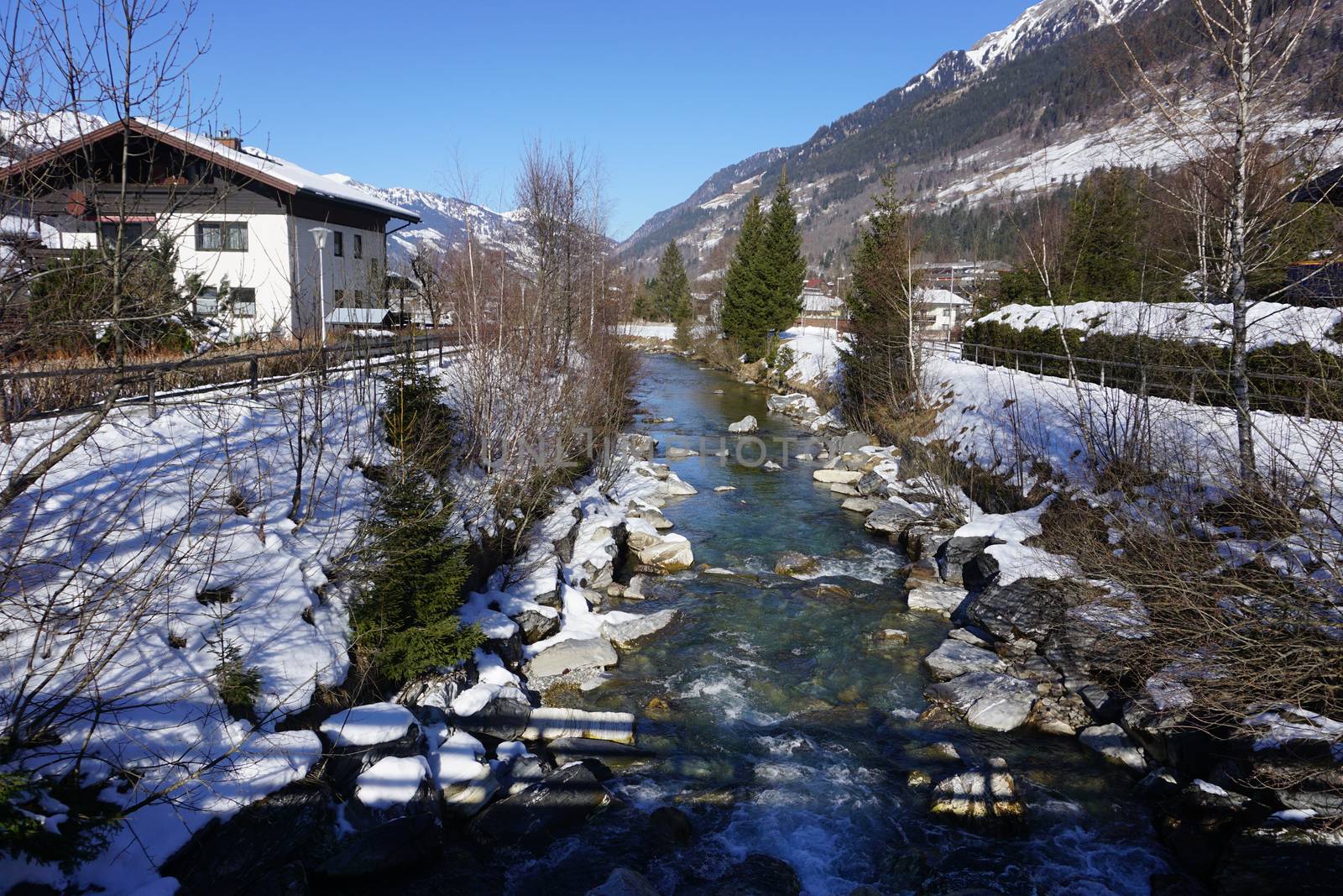 Bad Gasteian, Austria - February 2018: Alpine ski resort village in winter