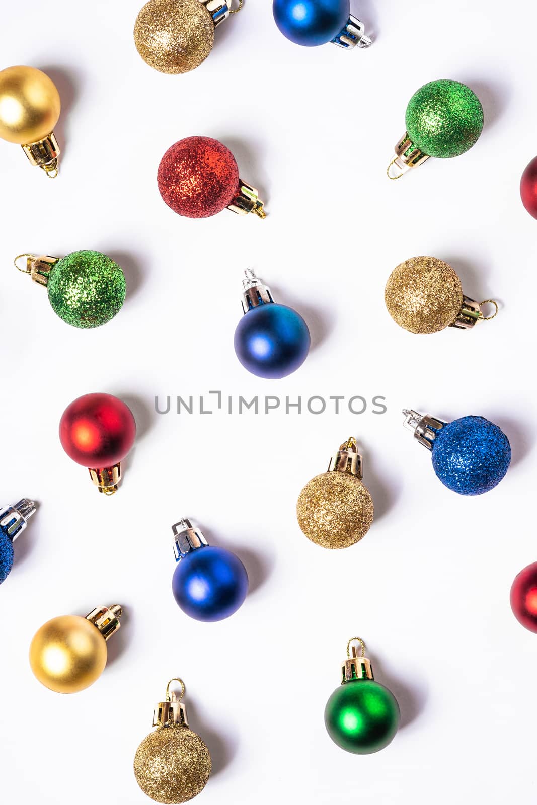 Christmas composition with colorful balls and ornaments decorations on white background