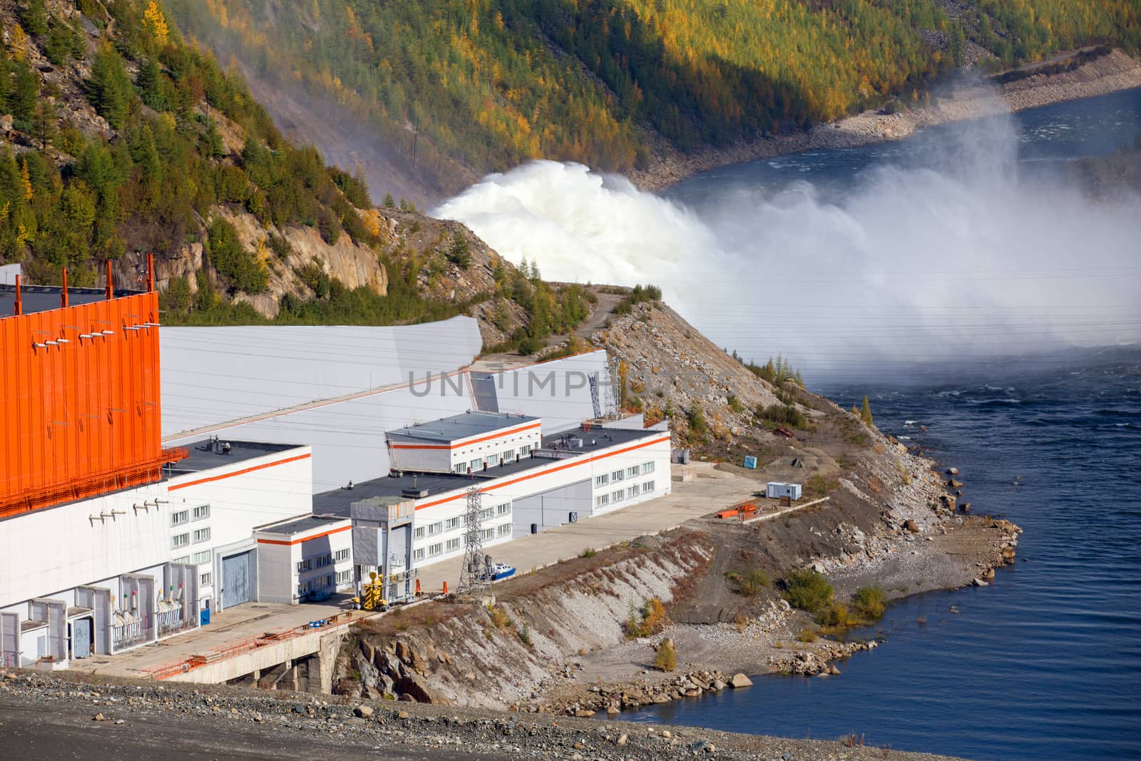 Kolyma hydroelectric power station in Magadan region, Russia. Spillway from the dam of the hydroelectric power station.
