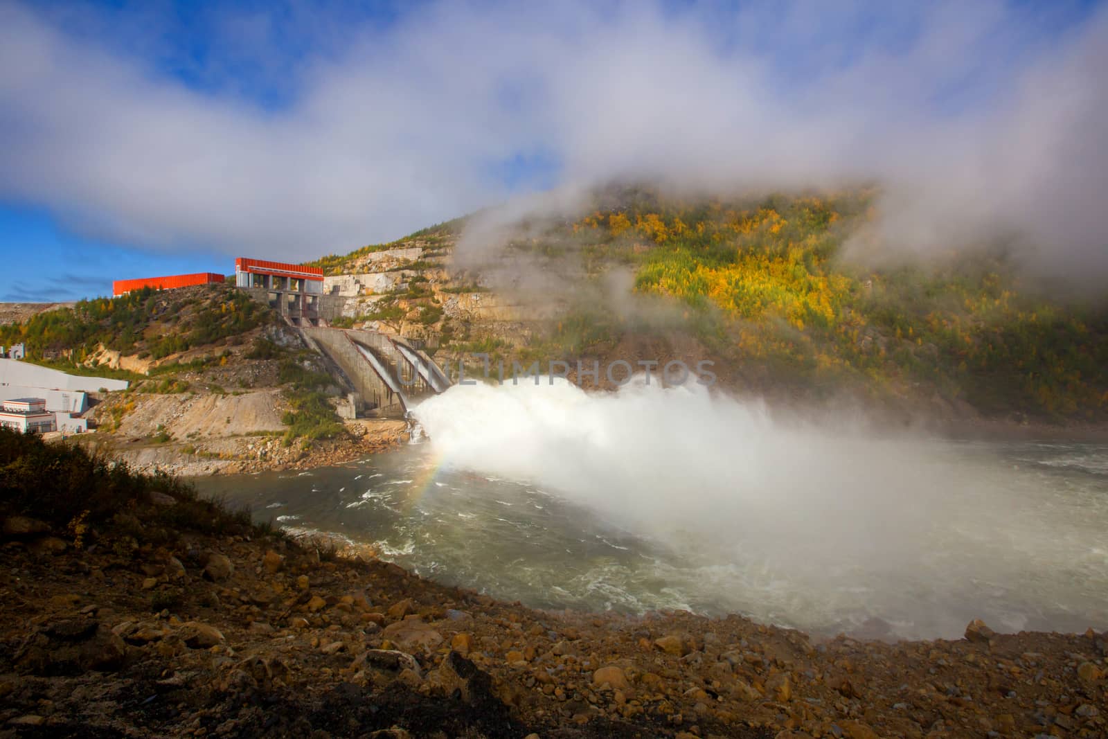 Kolyma hydroelectric power station in Magadan region, Russia. Spillway from the dam of the hydroelectric power station.