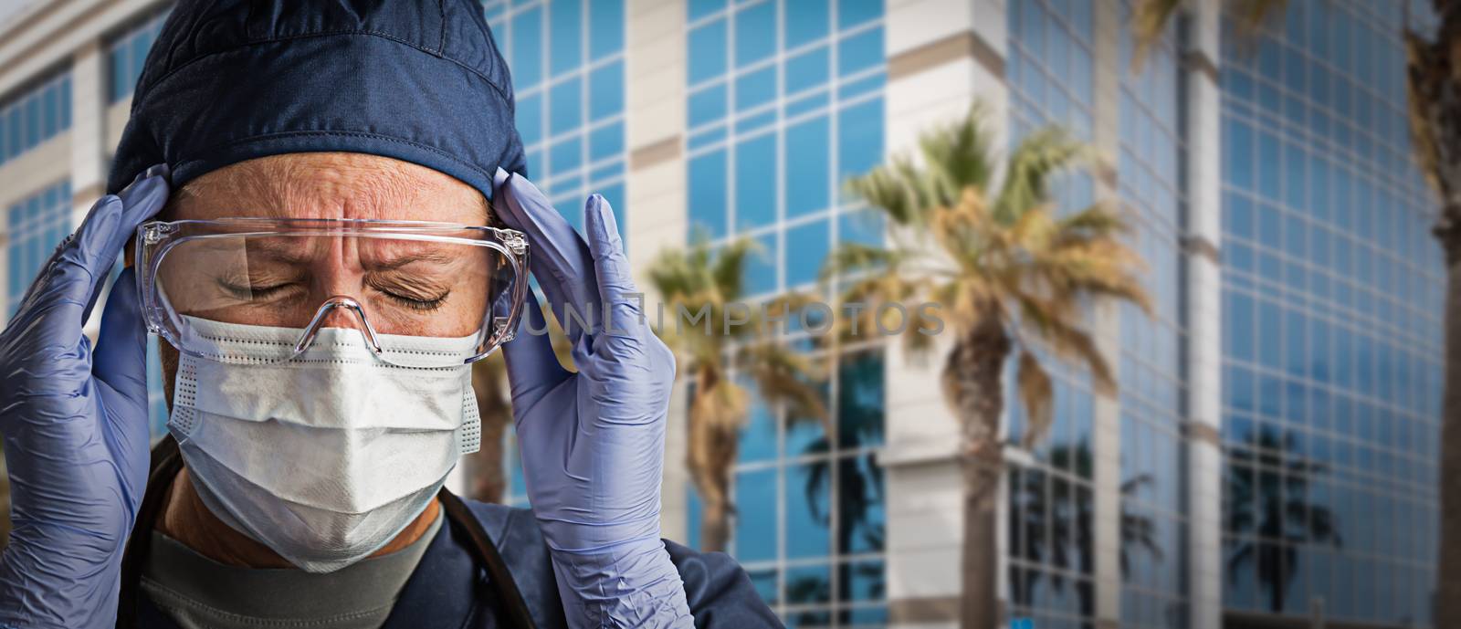 Grimacing Female Doctor or Nurse Wearing Scrubs, Protective Face by Feverpitched