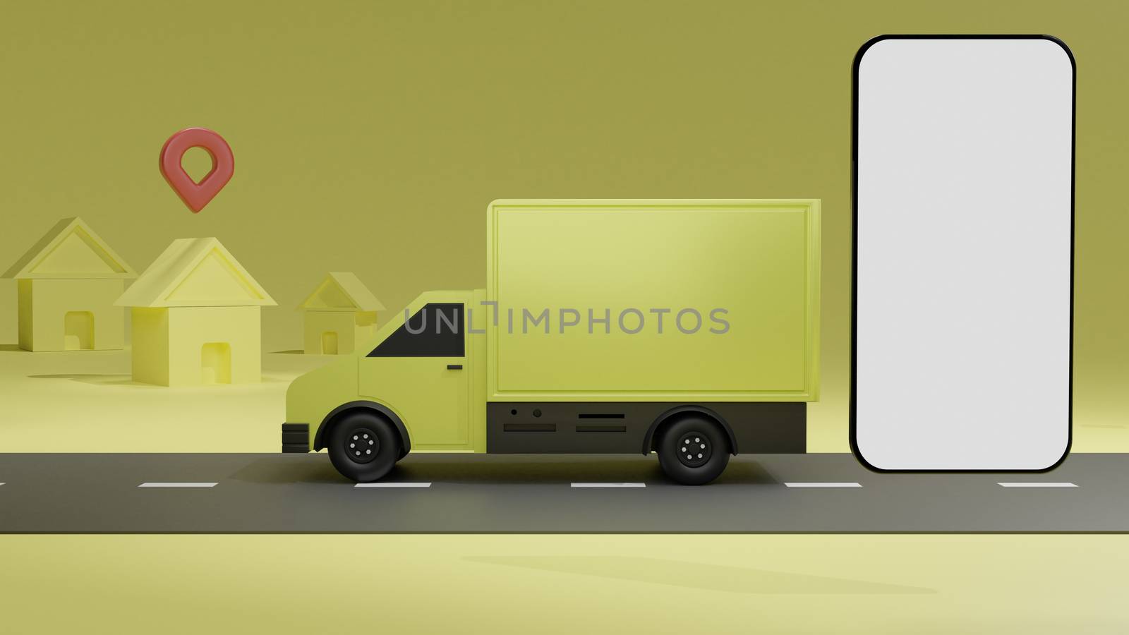 The yellow truck with white screen mobile phone mockup, over yellow background order delivery. Online tracking. 3D rendering.