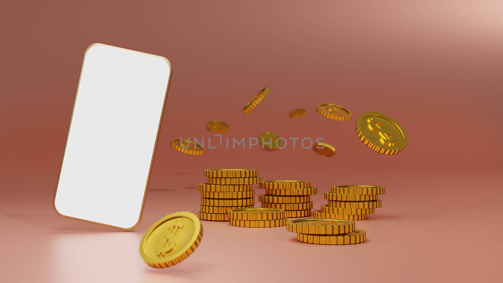 Stack of golden coins with white screen mobile mockup over pink background. 3D rendering.