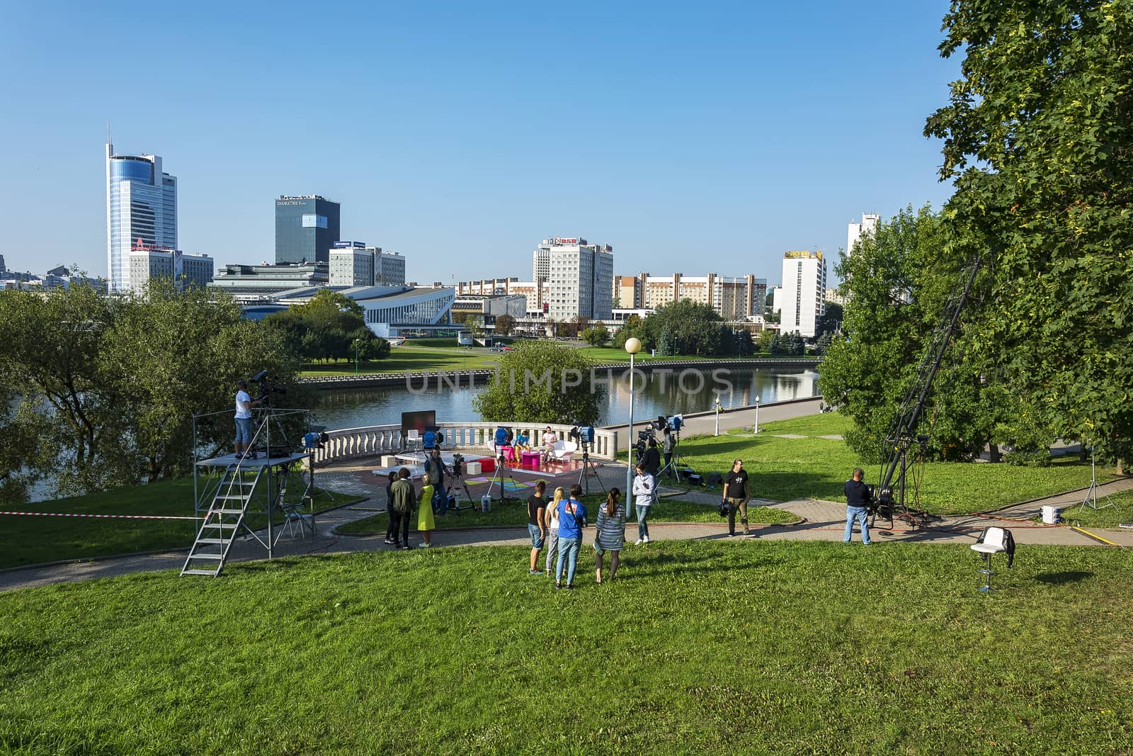 Belarus, Minsk - 08/22/2016: Shooting a television program in an urban setting