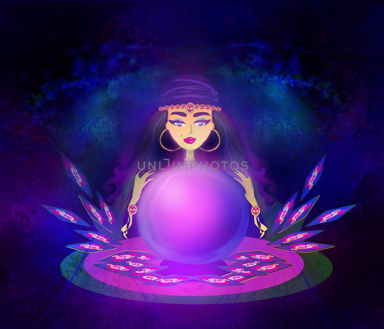 Fortune teller woman with tarot cards and a crystal ball