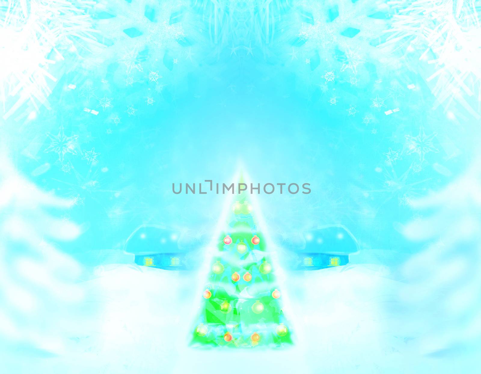 Christmas tree with lights, Beautiful winter landscape