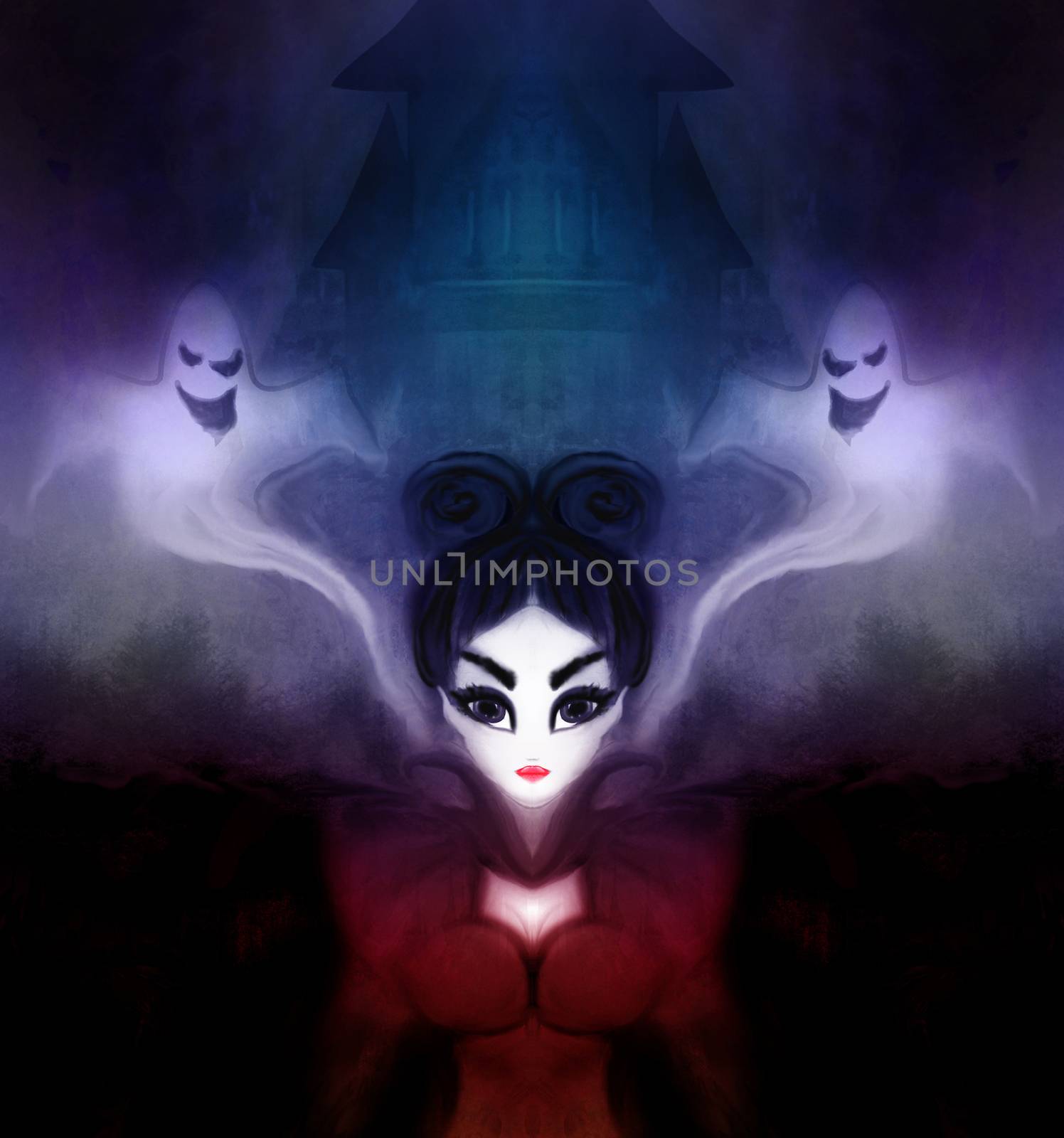 beautiful witch and scary ghosts by JackyBrown