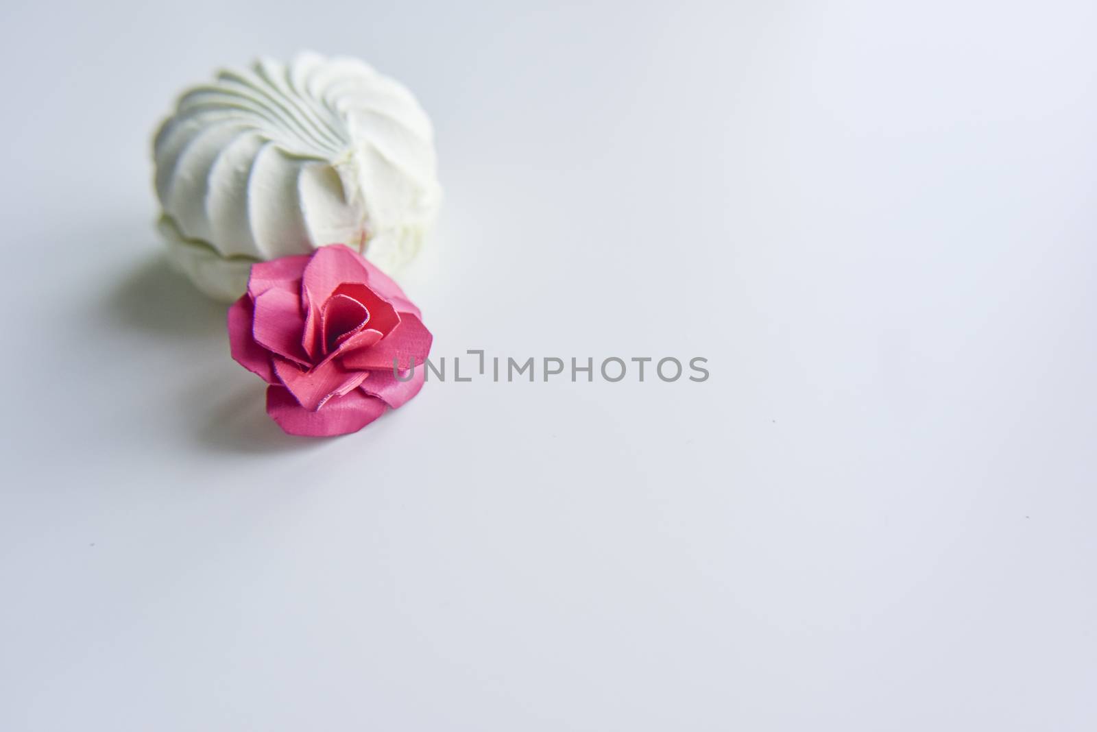 selective focus at the light green marshmallow on the light background with fuchsia flower