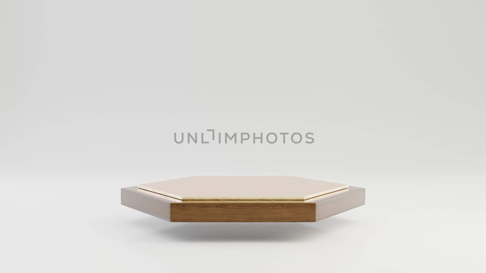 Levitating hexagon wooden podium with gold top isolated on white background. 3d rendered minimalistic abstract background concept for product placement.