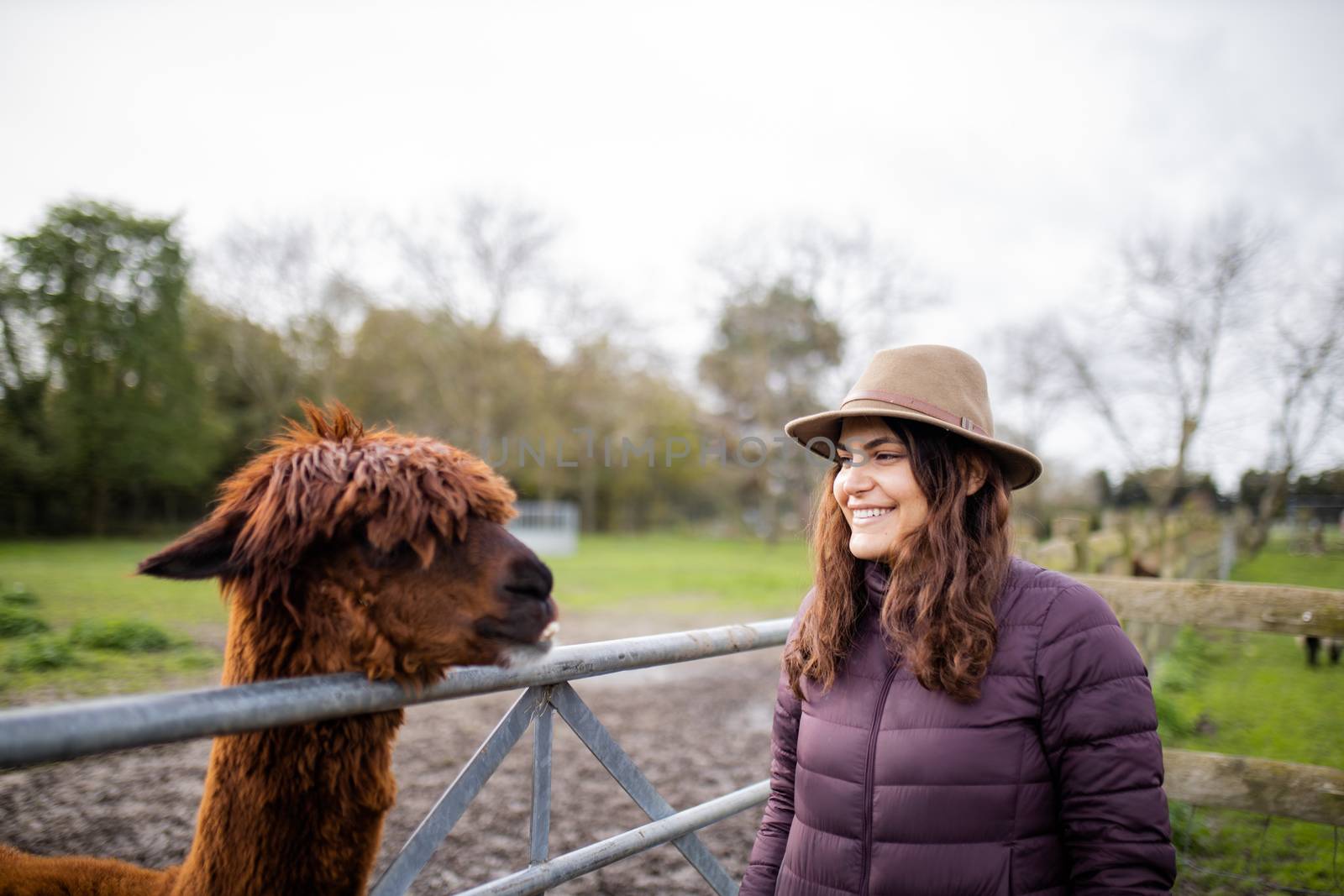 Smiling woman wearing a hat standing next to a brown alpaca behind a fence by Kanelbulle