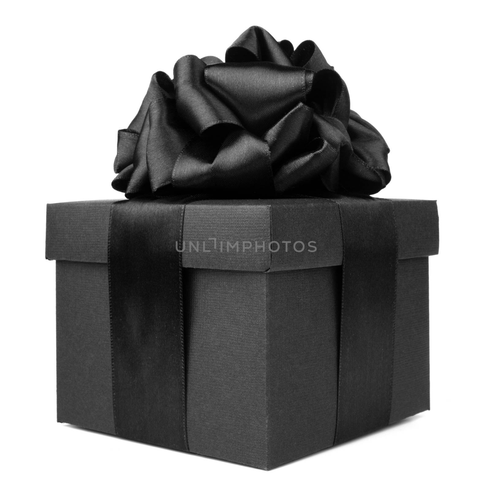 Black friday gift, paper box with silk ribbon bow isolated on white background
