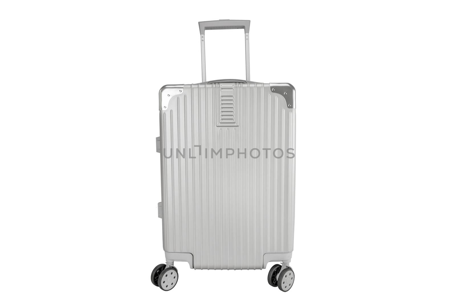 Silver luggage bag on isolated white background