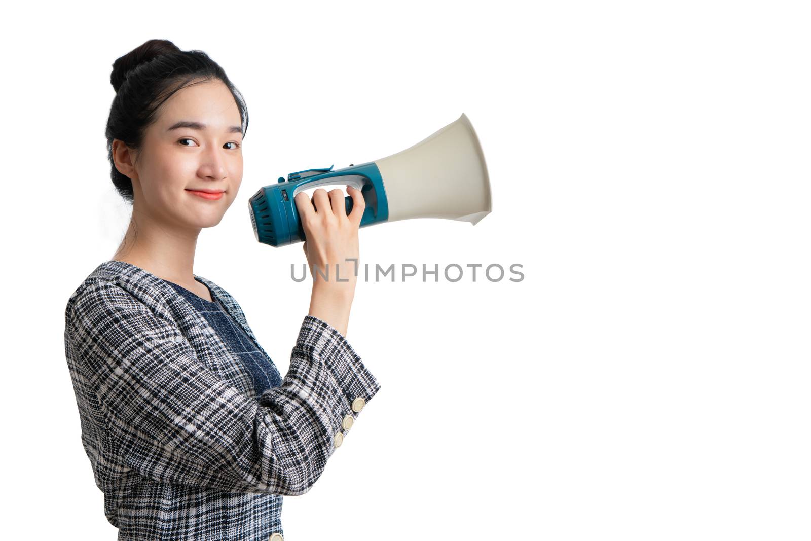 Business woman with mega speaker on isolated white by Buttus_casso