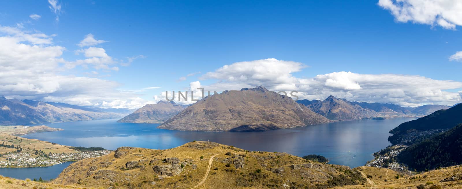 Queenstown, New Zealand - March 26, 2015: Panoramic view of the mountains and Lake Wakatipu from Queenstown Hill