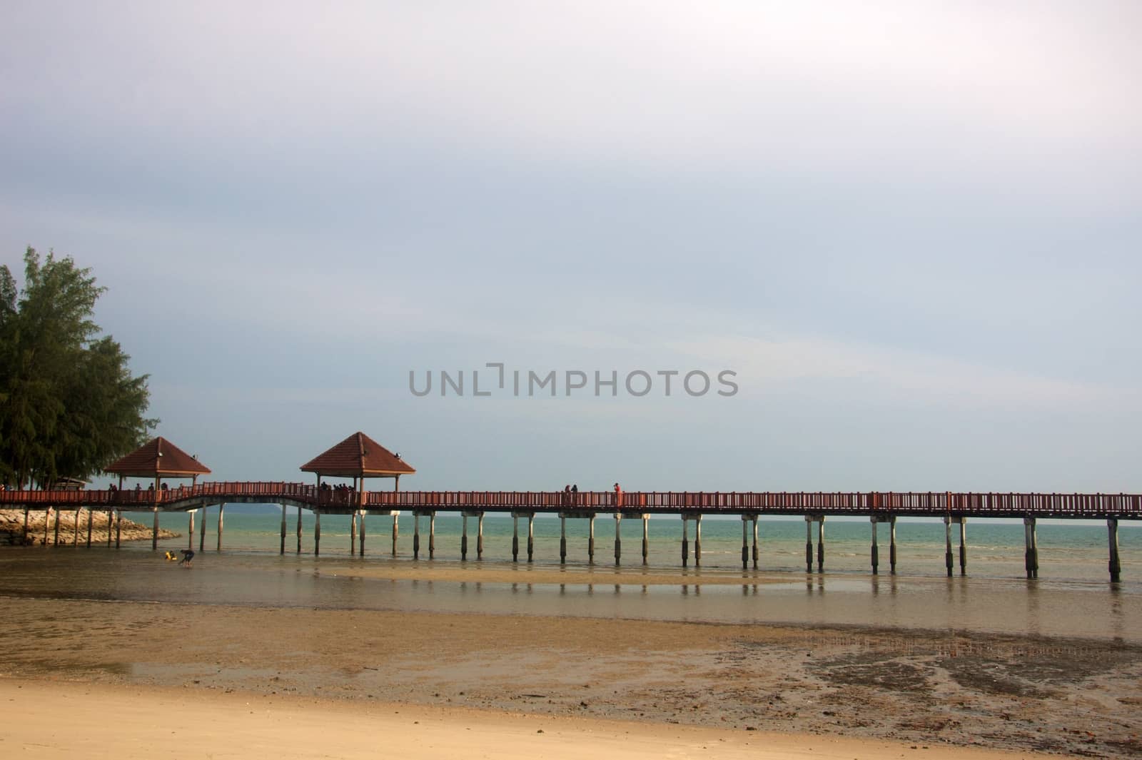 the wooden pedestrian bridge across the island in Port Dickson Malaysia