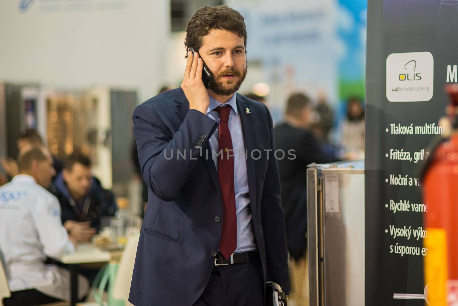 Man speaking on his phone while walking at the convention trade center in Brno. BVV Brno Exhibition center. Czech Republic