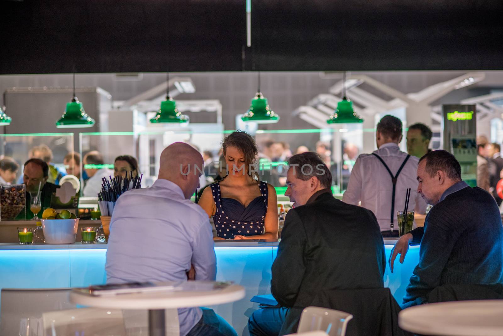 20/05/2018. Brno, Czech Republic. Colleagues having a drink attending the Amper event at the convention trade center in Brno. BVV Brno Exhibition center. Czech Republic by gonzalobell