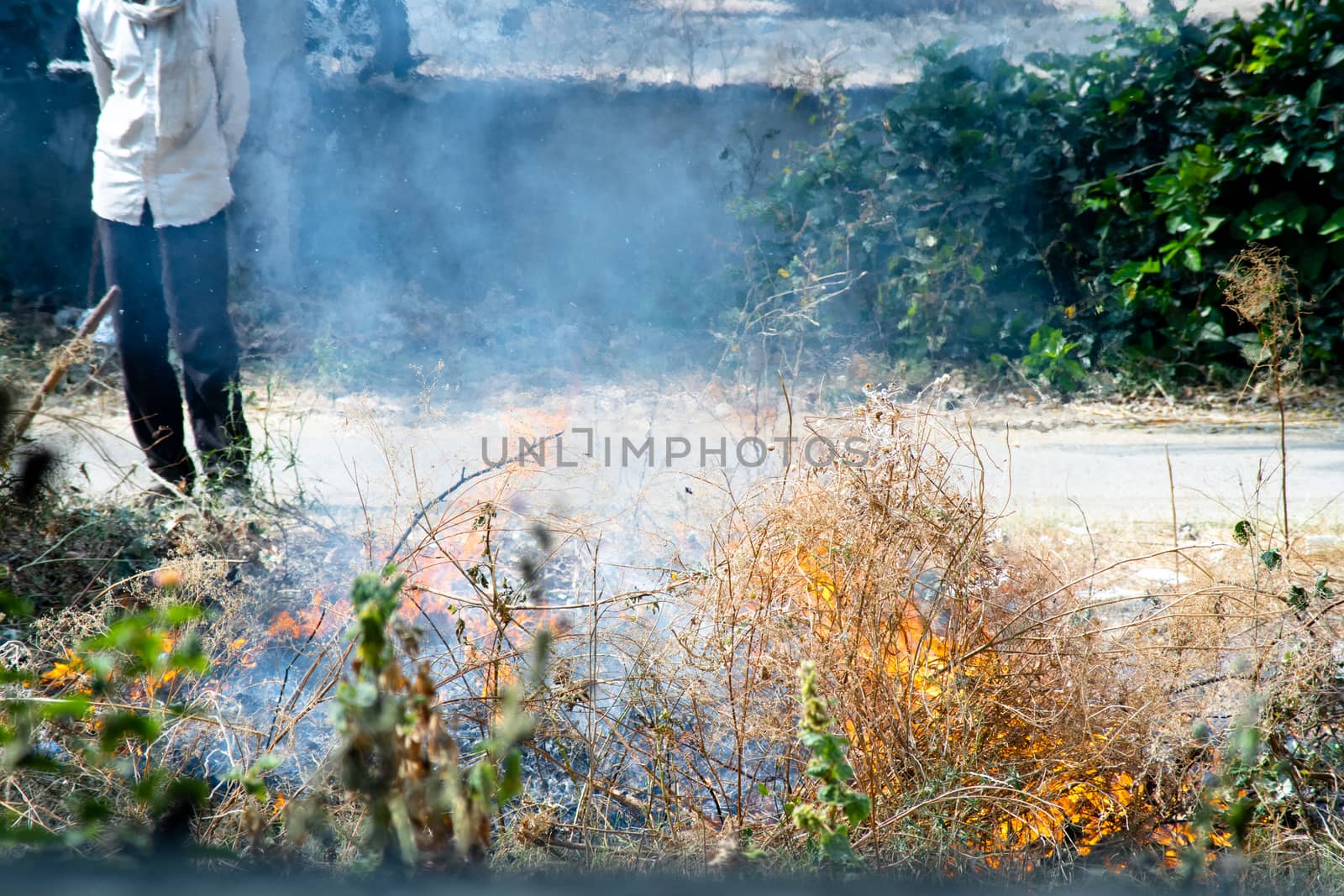 shot of crops thrash garbage being burnt on the side of a road and causing pollution with smoke and dust in the air of delhi jaipur and more reducing the air quality by Shalinimathur