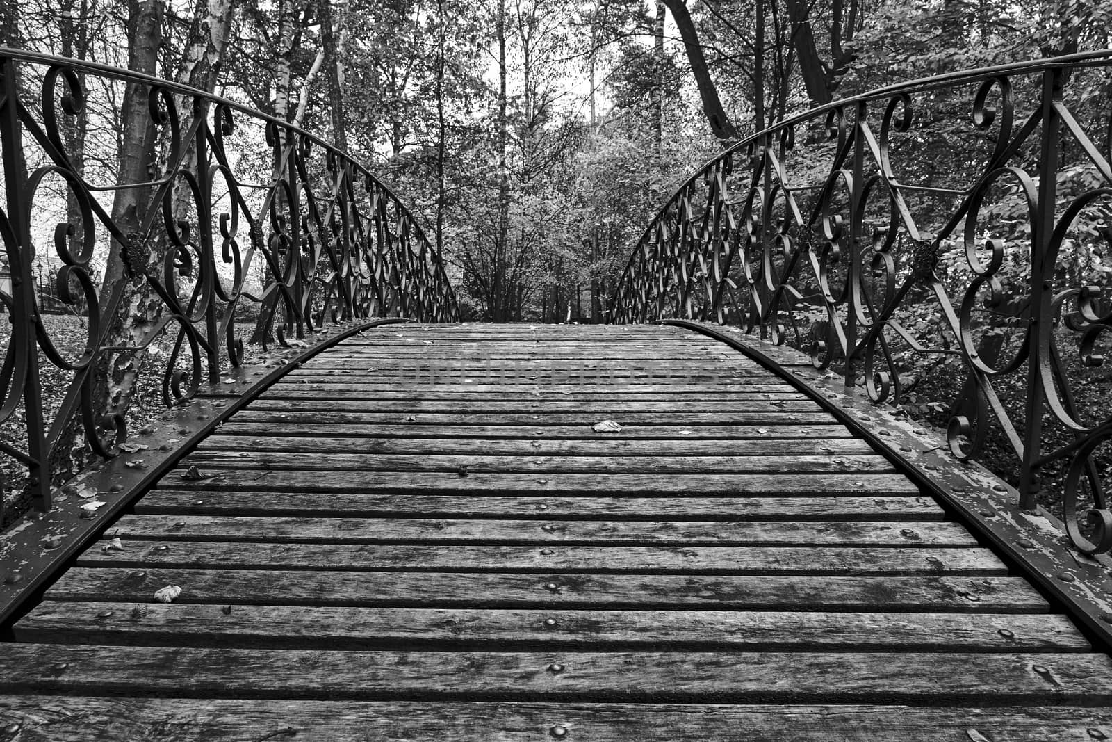 Wooden pedestrian bridge in a park in Poland, monochrome