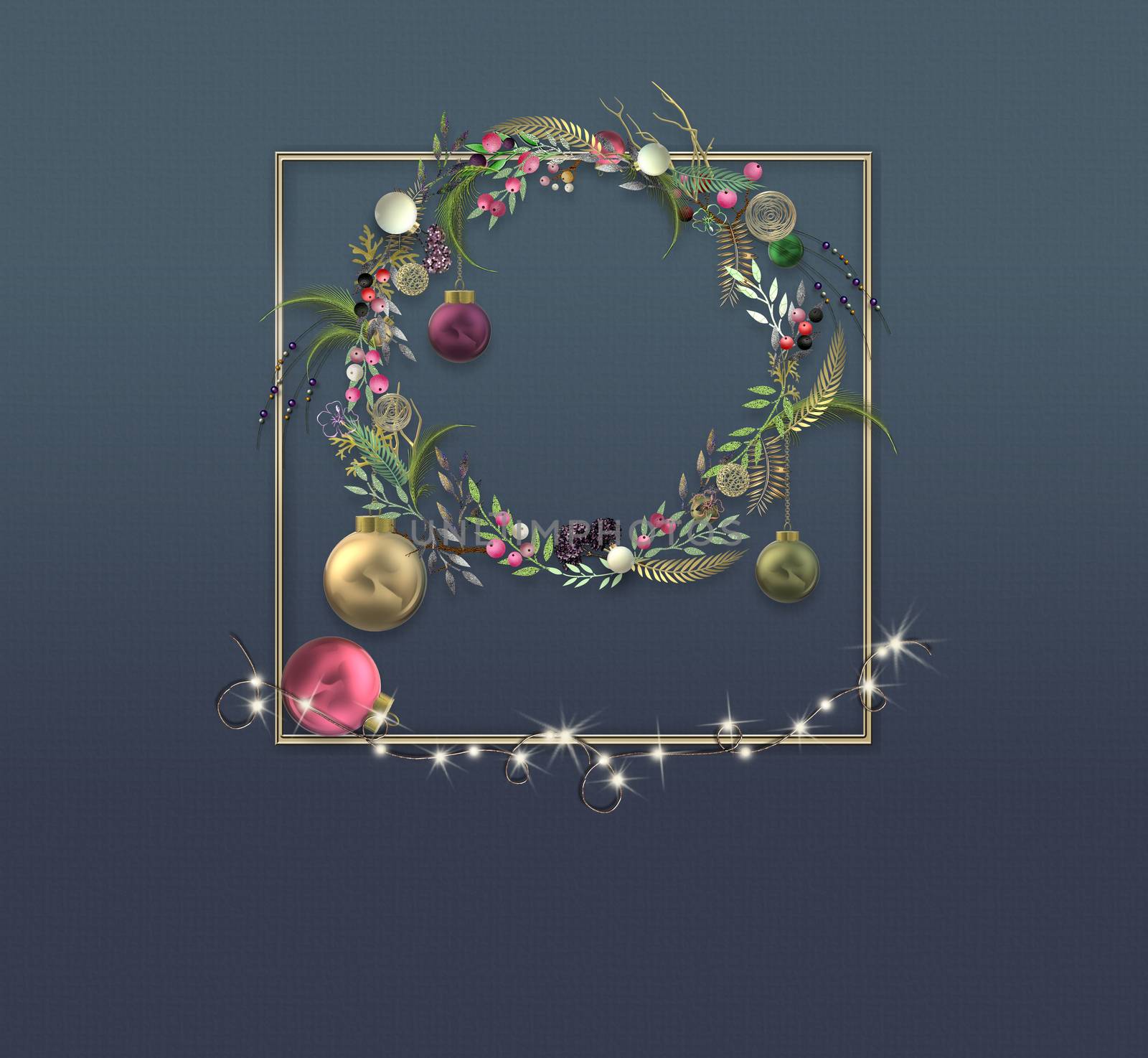 Holiday Christmas 3D design with Xmas floral wreath, Xmas balls baubles, gold frame on blue background. Mock up, place for text. Christmas 3D render card