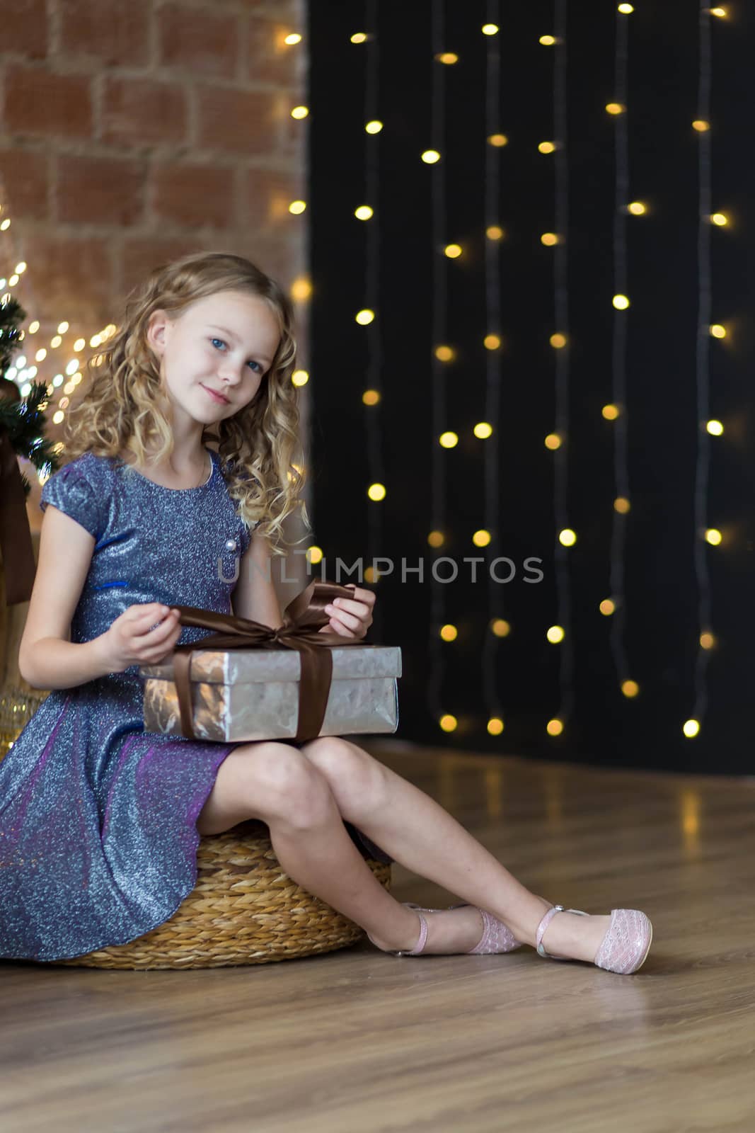 The adorable little girl in gorgeous dress holds gift box sitting near Christmas tree.