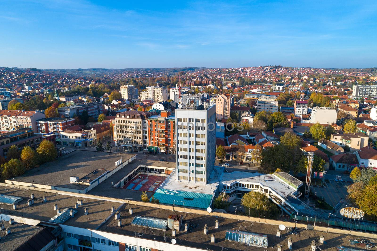 City hall in Valjevo - panorama of city in Serbia. Aerial drone  by adamr