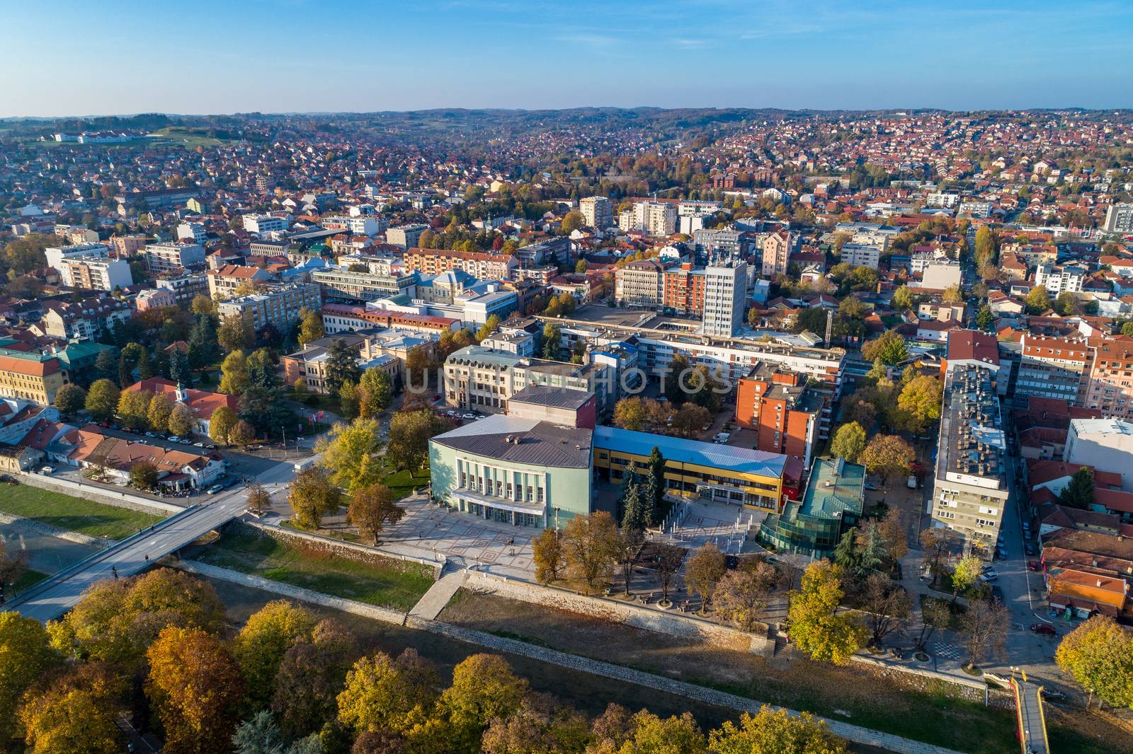 Aerial drone view of Valjevo city center, Serbia. Panorama of administrative center of the Kolubara District in Western Serbia