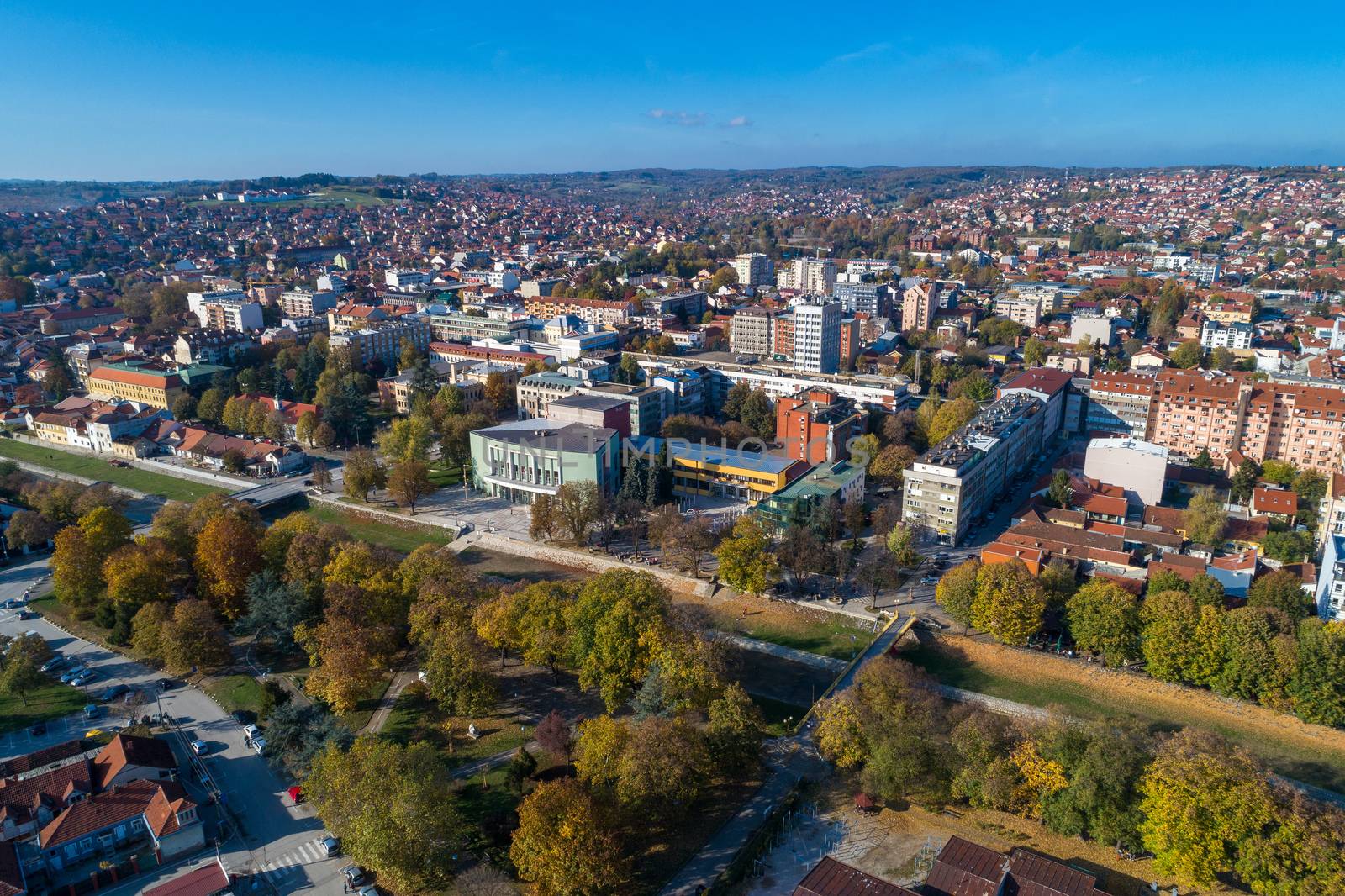 Valjevo - panorama of city in Serbia. Aerial drone view administrative center of the Kolubara District in Western Serbia