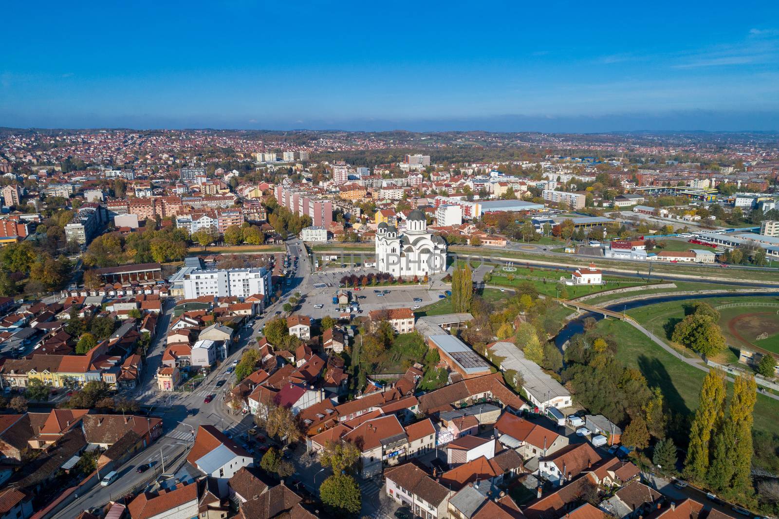 Valjevo - panorama of city in Serbia. Aerial drone view administrative center of the Kolubara District in Western Serbia