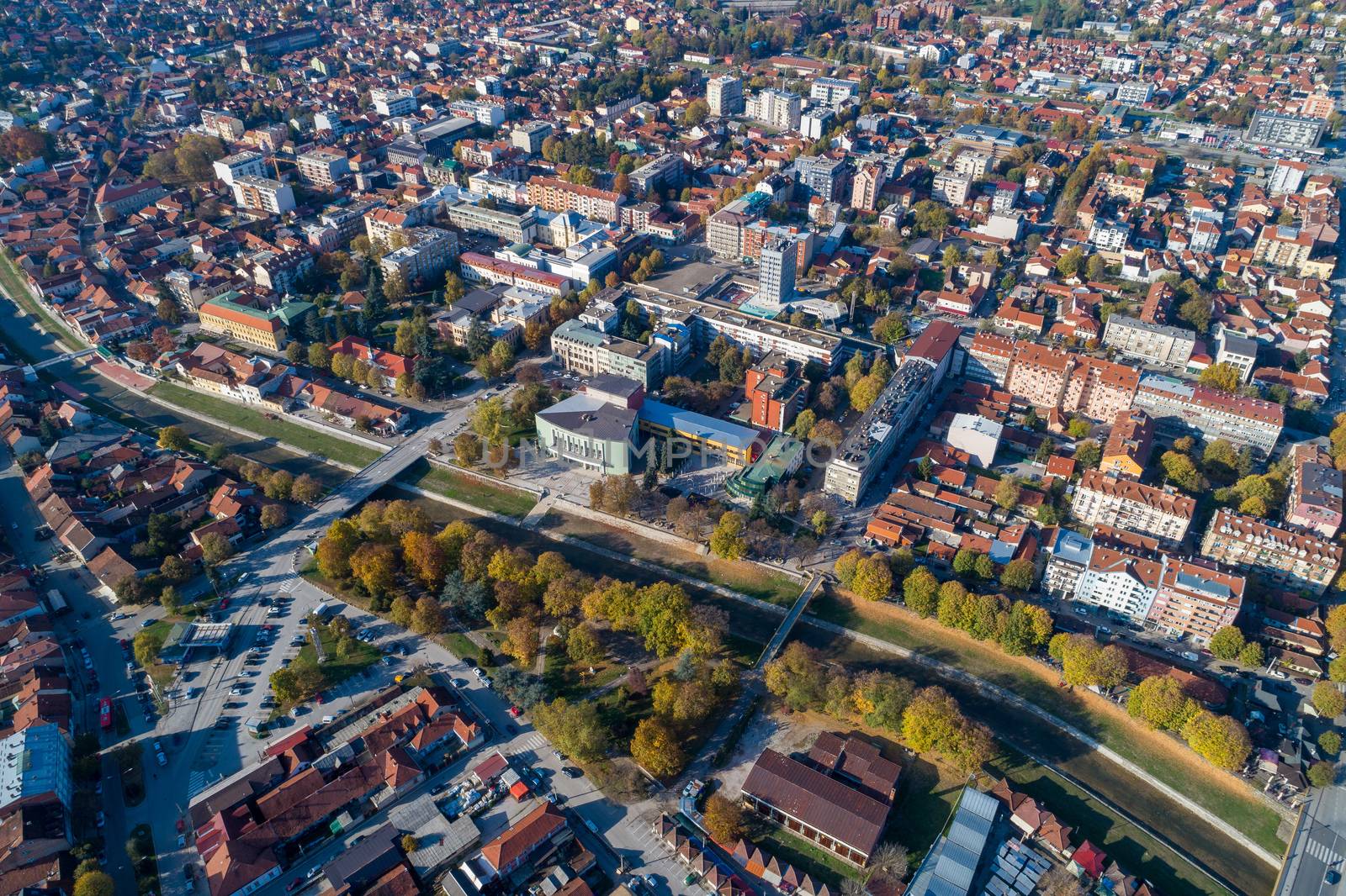 Valjevo - panorama of city in Serbia. Aerial drone view administrative center of the Kolubara District in Western Serbia