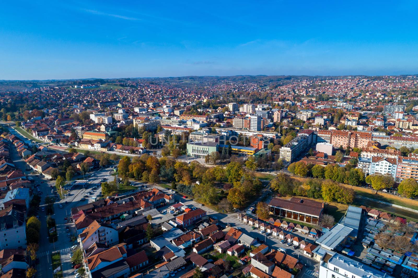 Valjevo - panorama of city in Serbia. Aerial drone view  by adamr