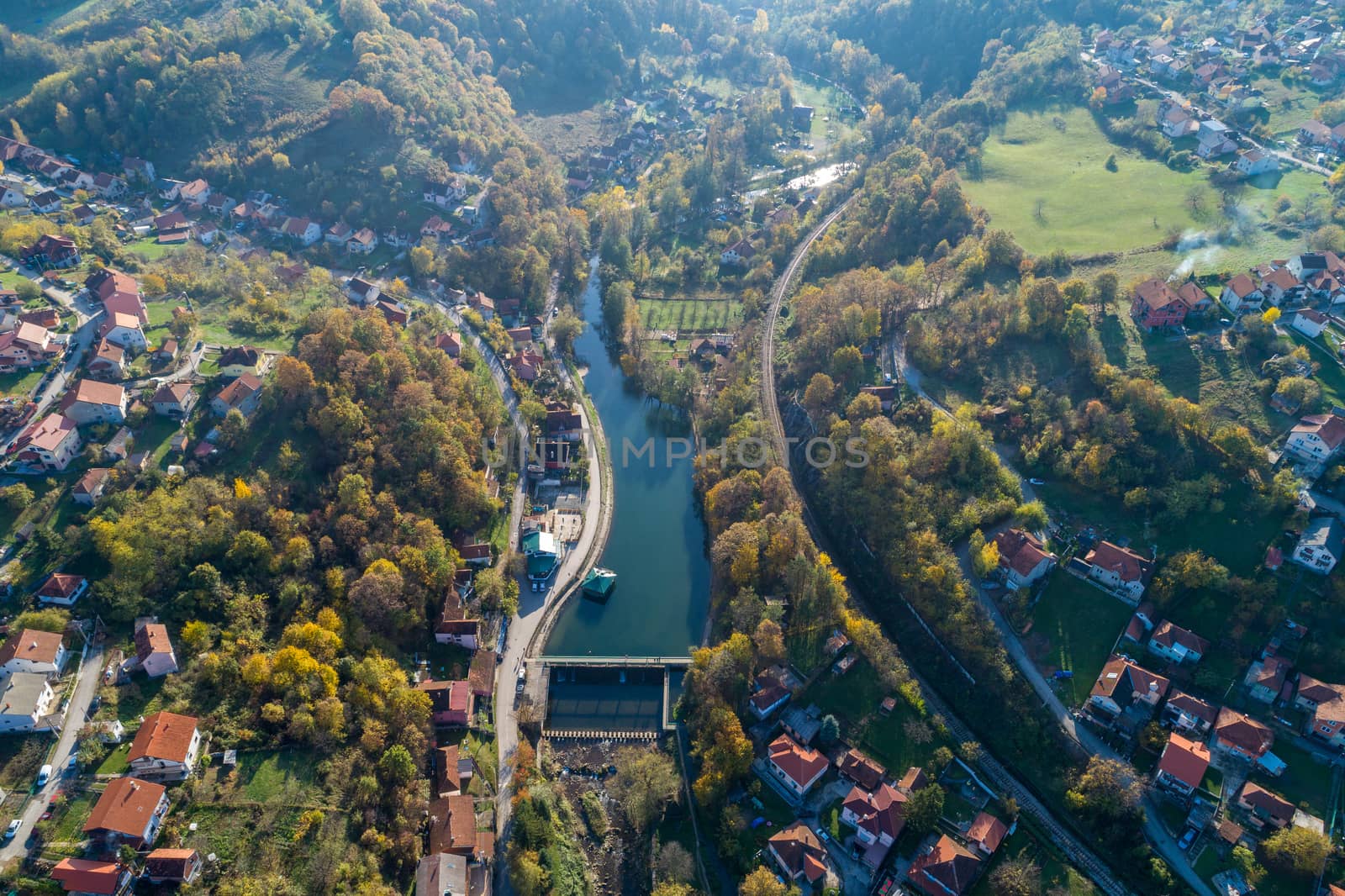 Dan on river Gradac in Valjevo - panorama of city in Serbia. Aer by adamr