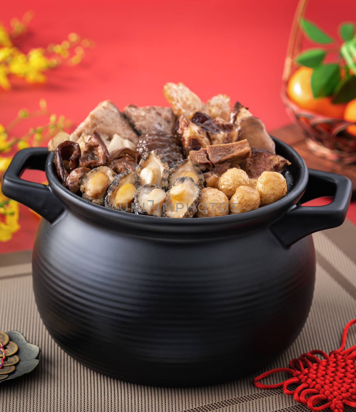 Traditional food of Chinese lunar new year, Buddha jumps over the wall, Chinese Soup Casserole dish, Buddha's Temptation, named Fo Tiao Qiang, close up.