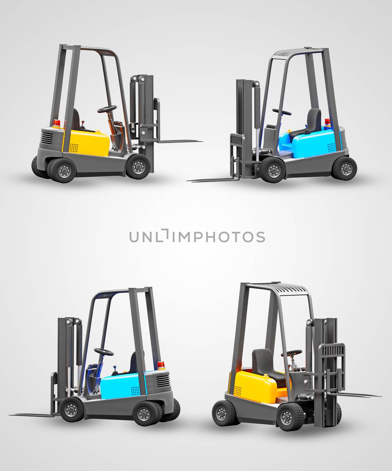 Forklifts are carrier vehicles used in industrial applications or for lifting items in warehouses. Concept of industry and logistics. Isolate and clipping path on white-gray background. 3D rendering.