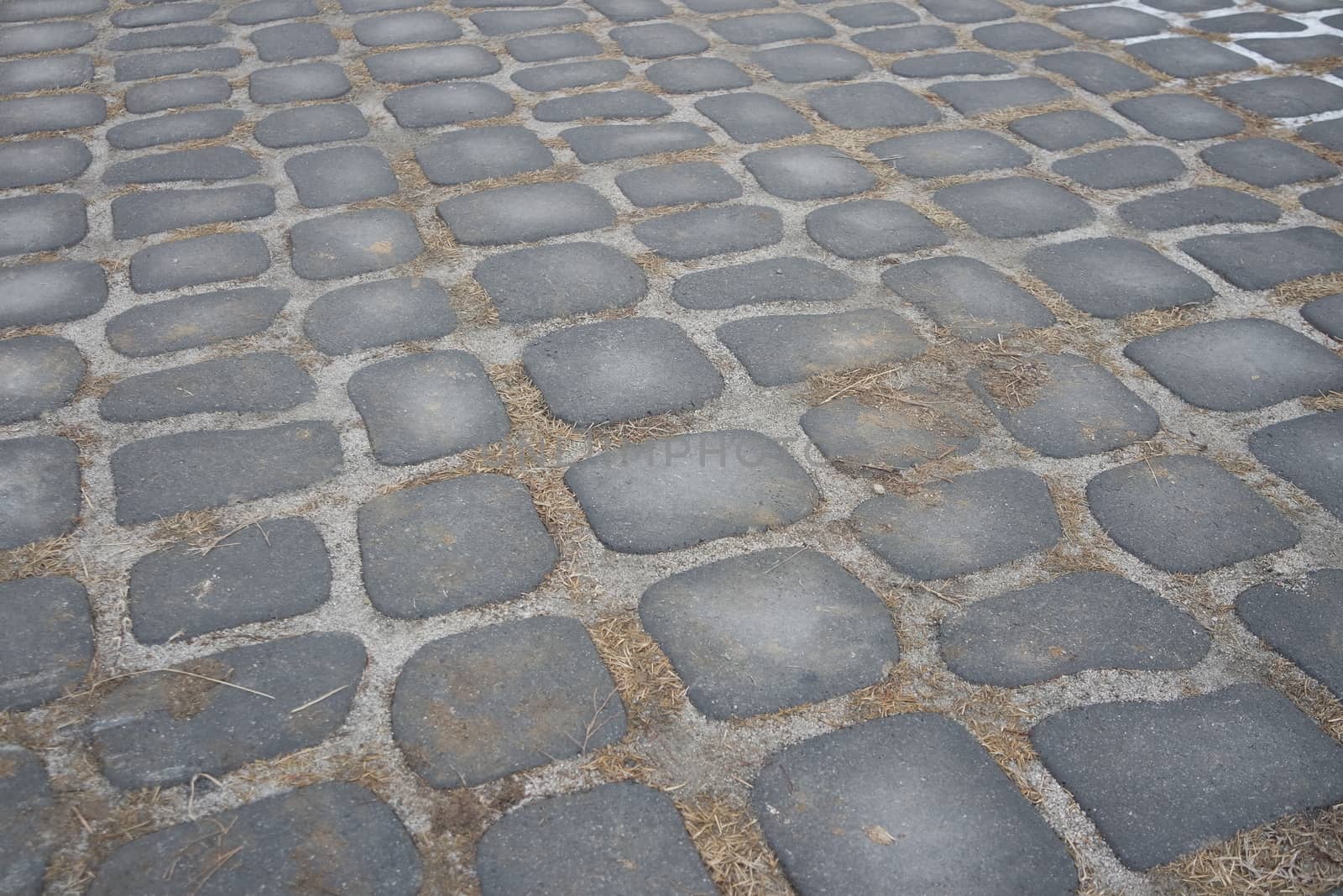 Closeup texture of brick floor. A background of a weathered old exterior brick floor with copy space for text