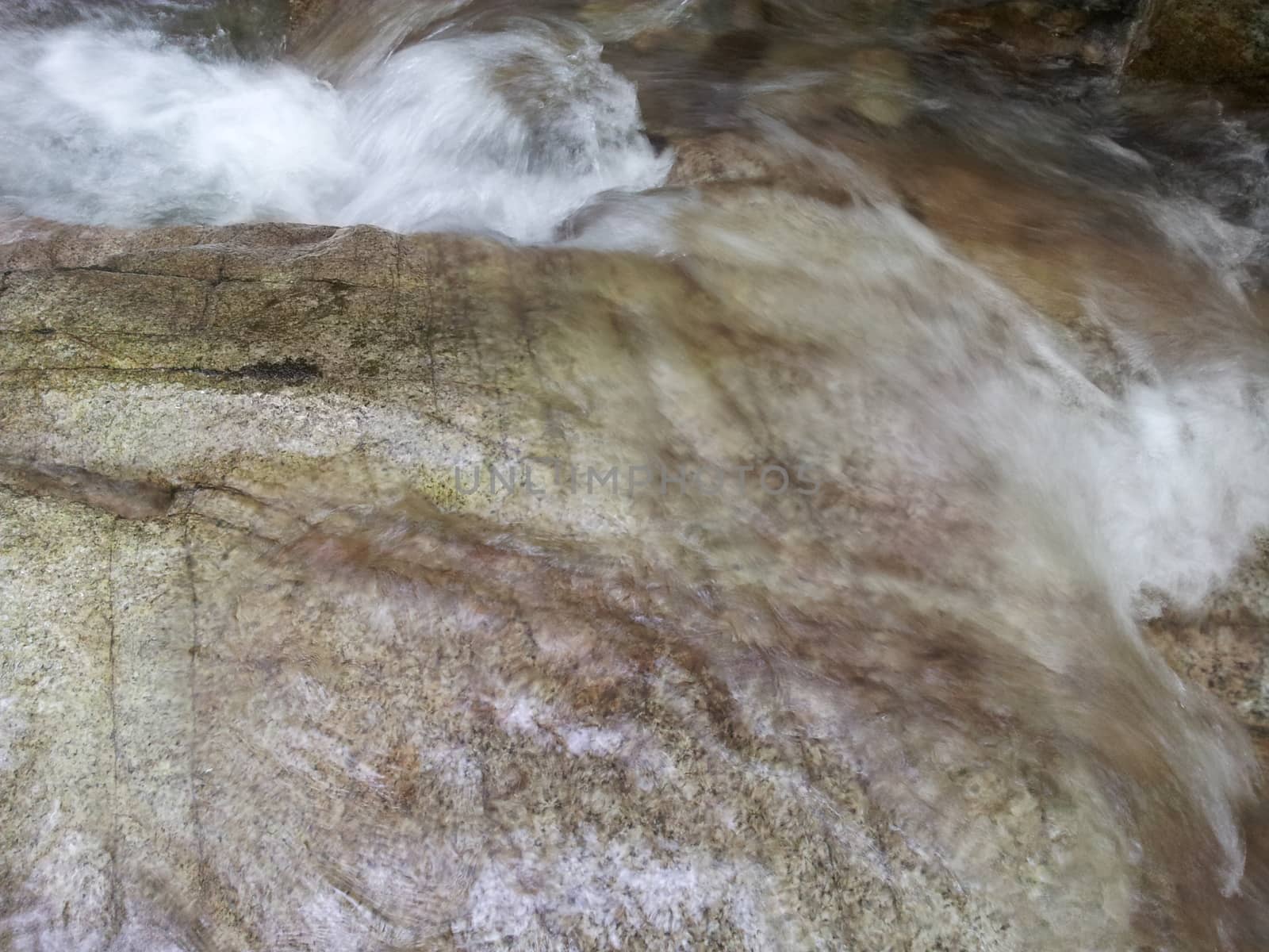 Blurred or unfocused view of flowing water stream in between stones by Photochowk