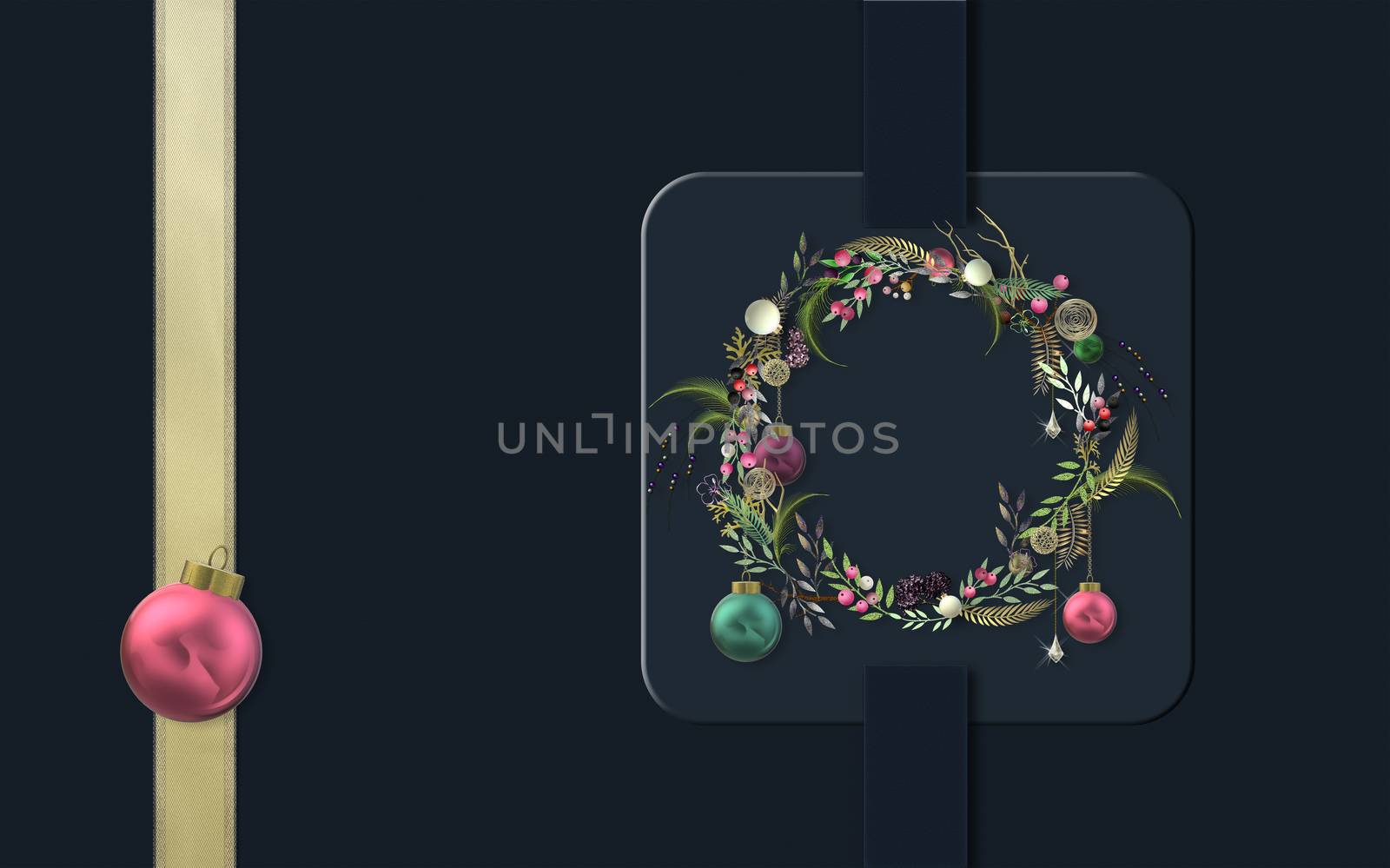 Christmas New Year holiday luxury banner. Beautiful festive Xmas wreath, 3D ball baubles on black blue dramatic background. 3D rendering, horizontal holiday abstract card