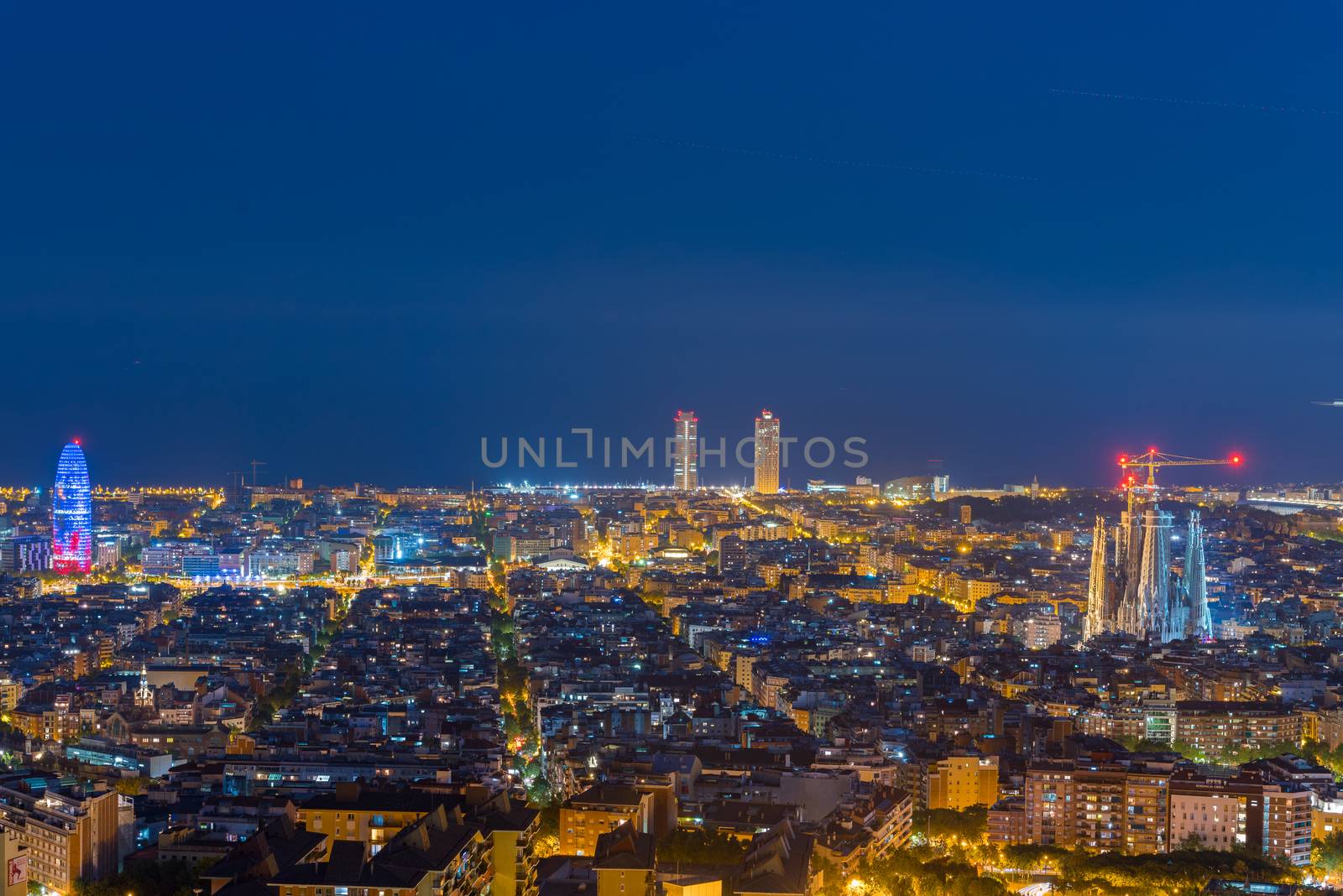 july 29 2020, BARCELONA, SPAIN: View of Barcelona city and costline in spring from the Bunkers in Carmel in the night.