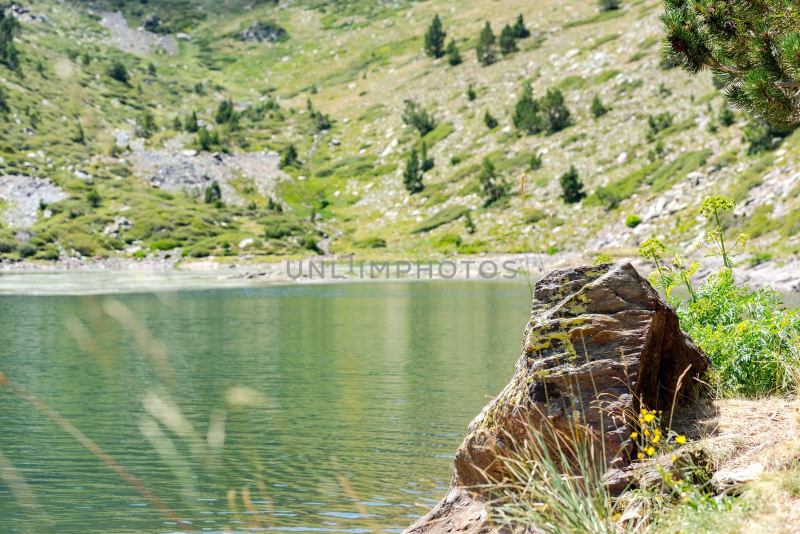 Mountain lake Estany de les Truites in Andorra Pyrenees, La Massana, Refugi de Coma Pedrosa