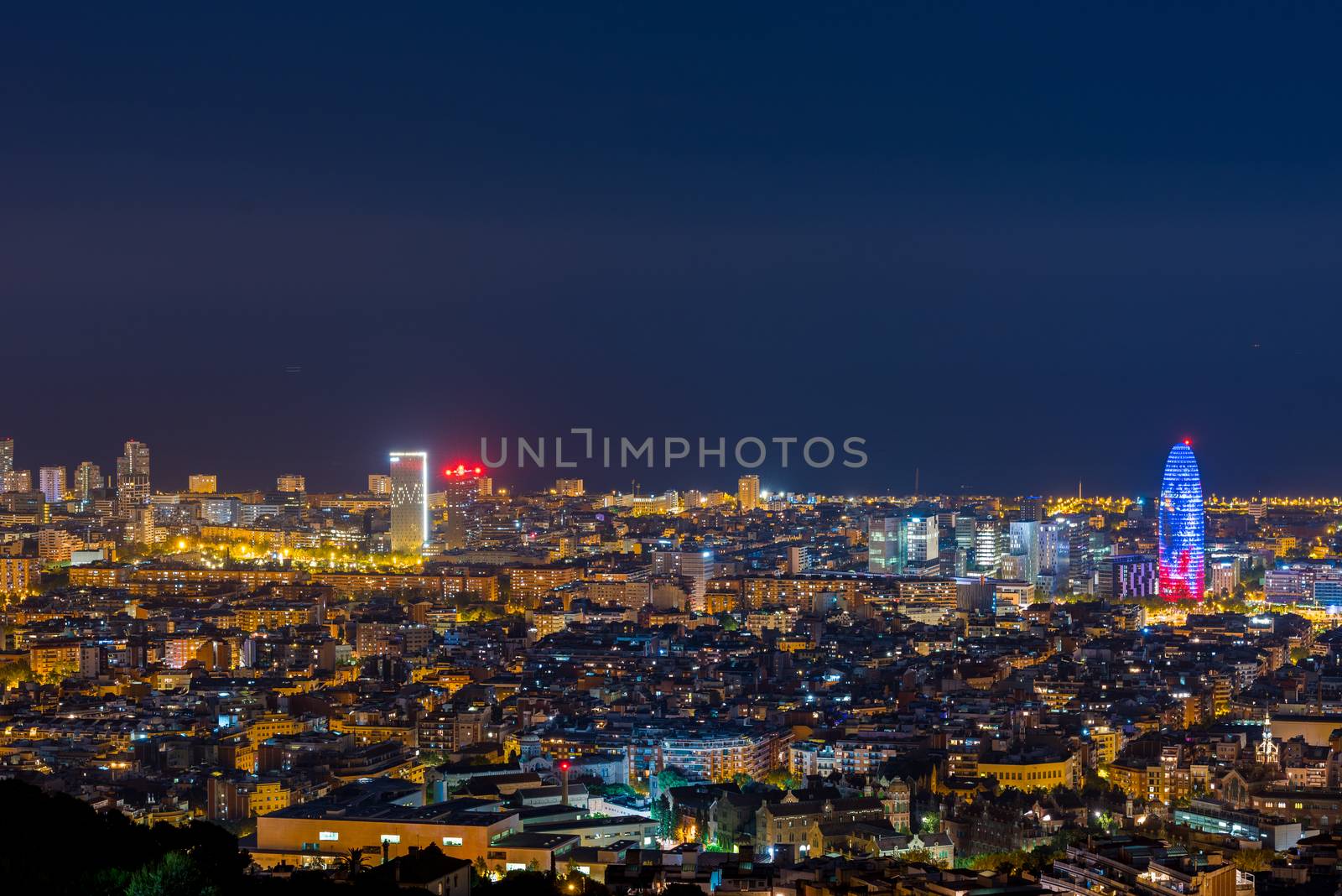 july 29 2020, BARCELONA, SPAIN: View of Barcelona city and costline in spring from the Bunkers in Carmel in the night.