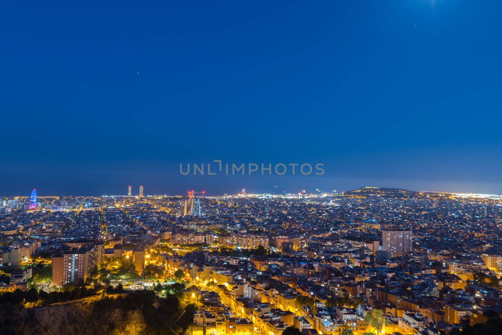 july 29 2020, BARCELONA, SPAIN: View of Barcelona city and costline in spring from the Bunkers in Carmel in the night.