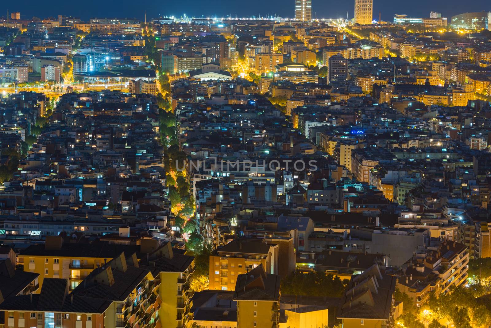 july 29 2020, BARCELONA, SPAIN: View of Barcelona city and costline in spring from the Bunkers in Carmel in the night.