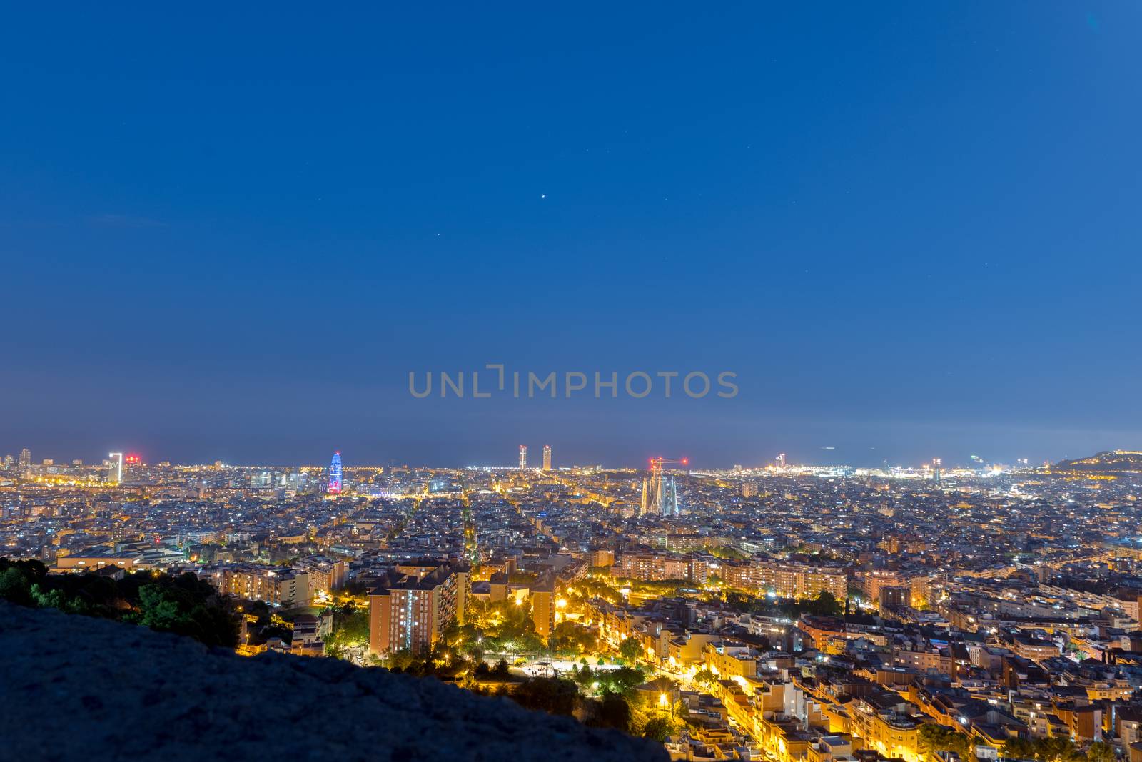 july 29 2020, BARCELONA, SPAIN: View of Barcelona city and costline in spring from the Bunkers in Carmel in the night.