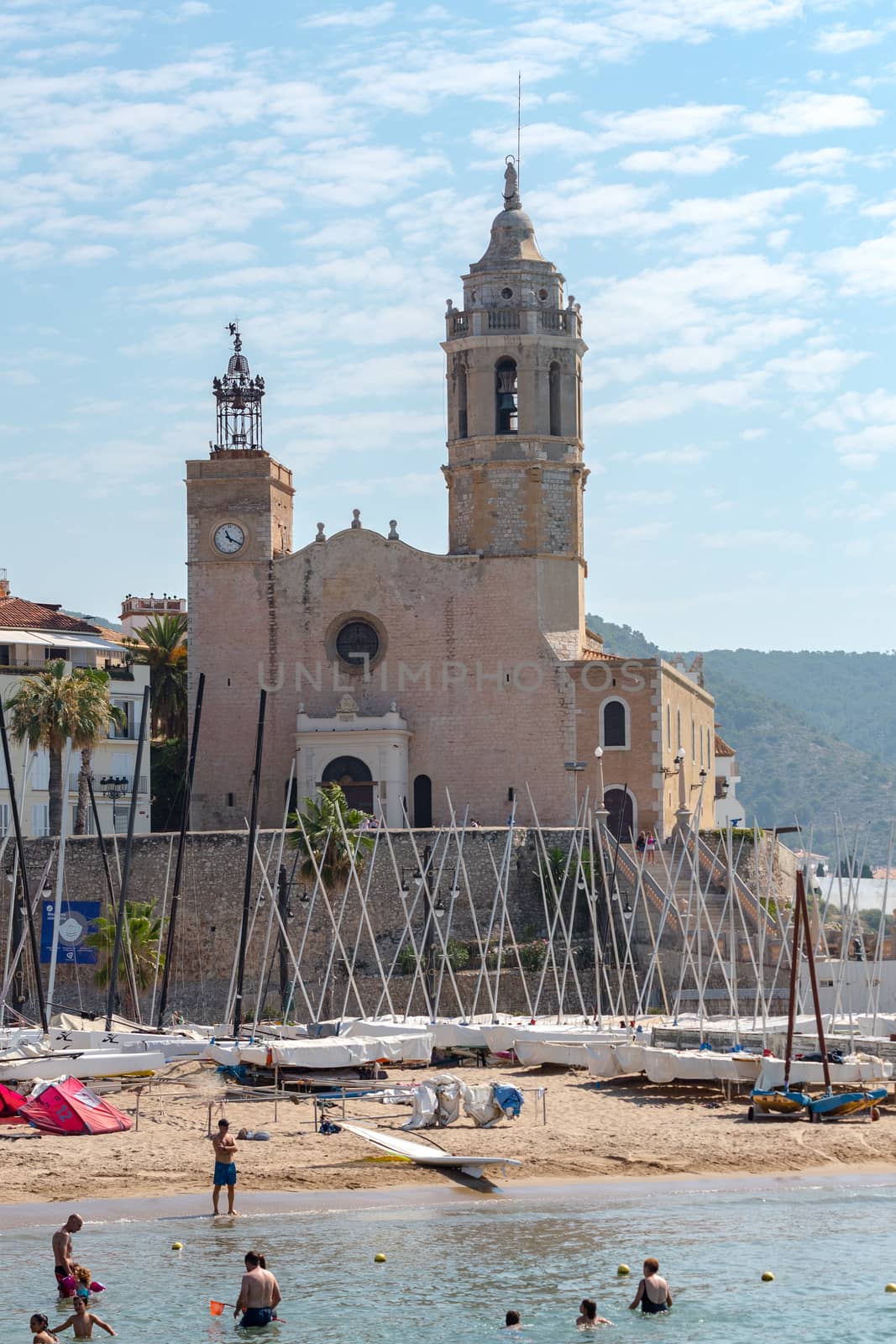 Sitges, Catalonia, Spain: July 28, 2020: People in the beach in Sitges in summer 2020.