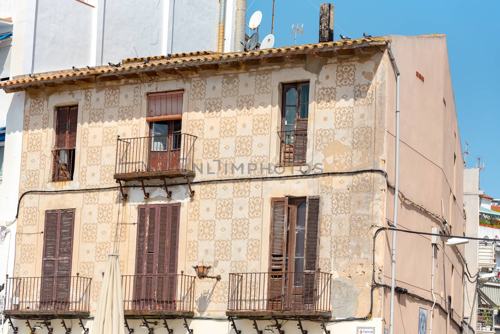 Sitges, Catalonia, Spain: July 28, 2020: Old Biulding in the beach in Sitges in summer 2020.