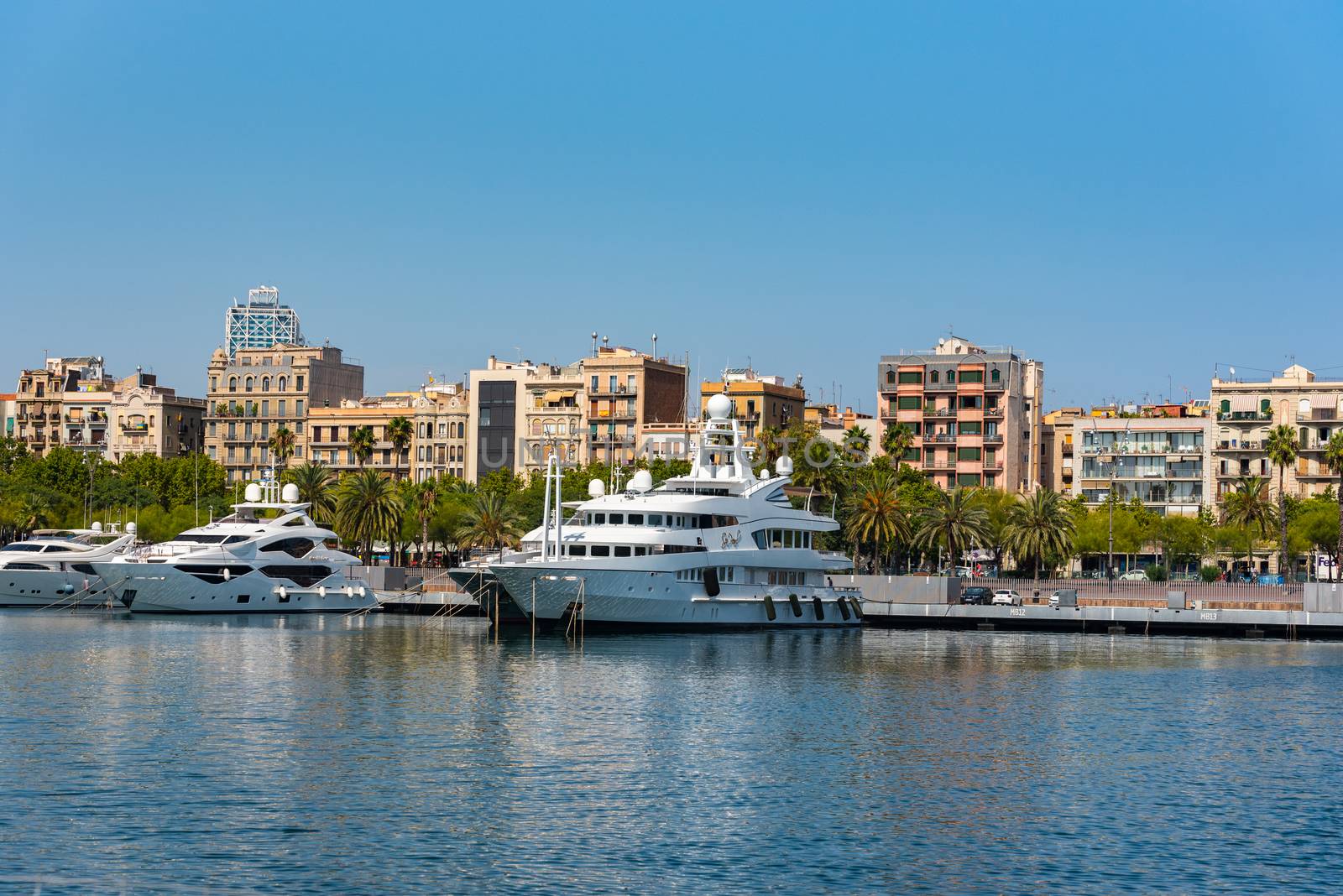 Barcelona, Spain - July 28 2020:  Reial Club Marítim Barcelona Port through empty streets after COVID 19 in Barcelona, Spain.